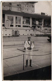 Robert Pickersgill in front of HMS Eagle.